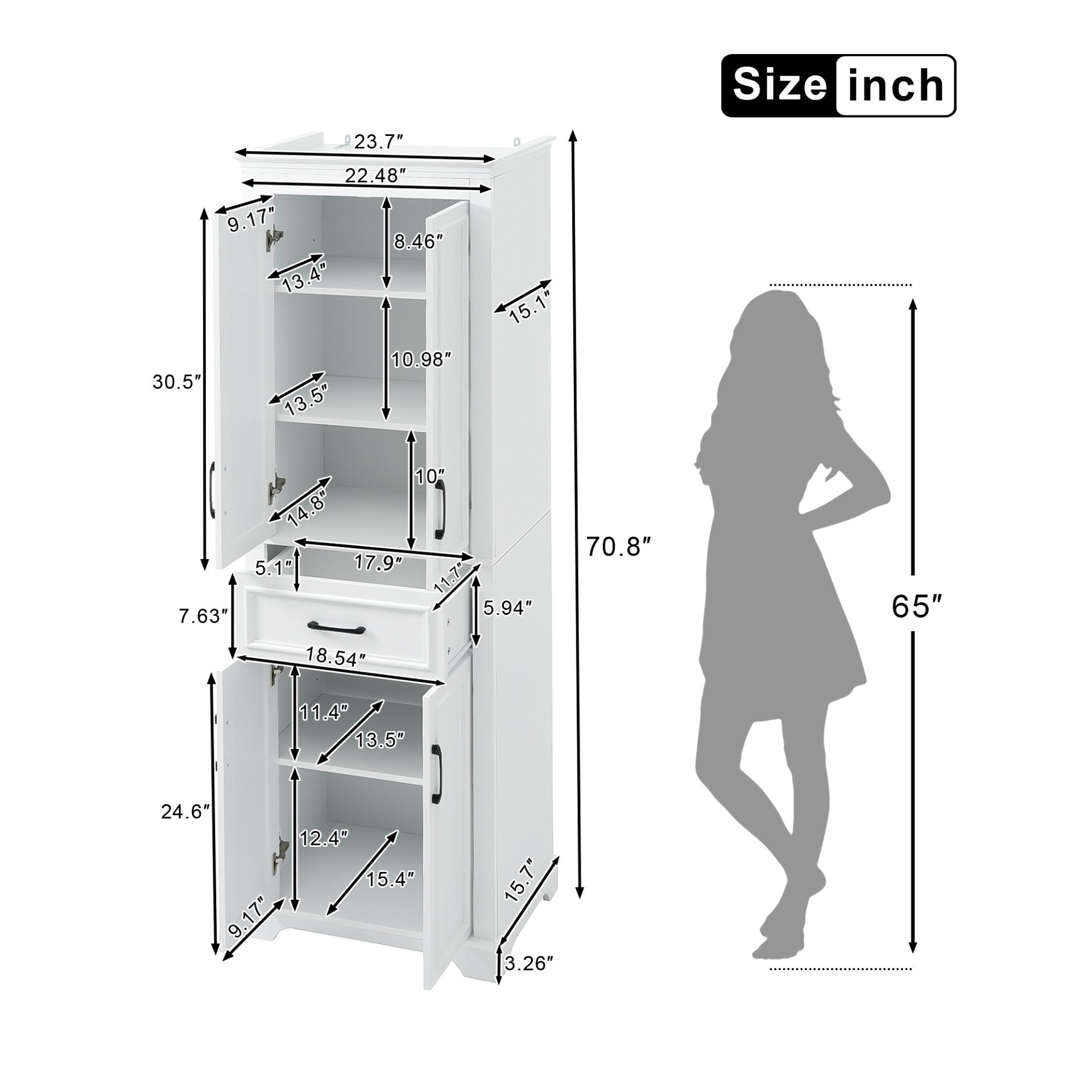 Freestanding Bathroom Vanity, Elegant Design With 4 Doors & 1 Drawer, Adjustable Shelves, Damping Hinges - White - Image 3
