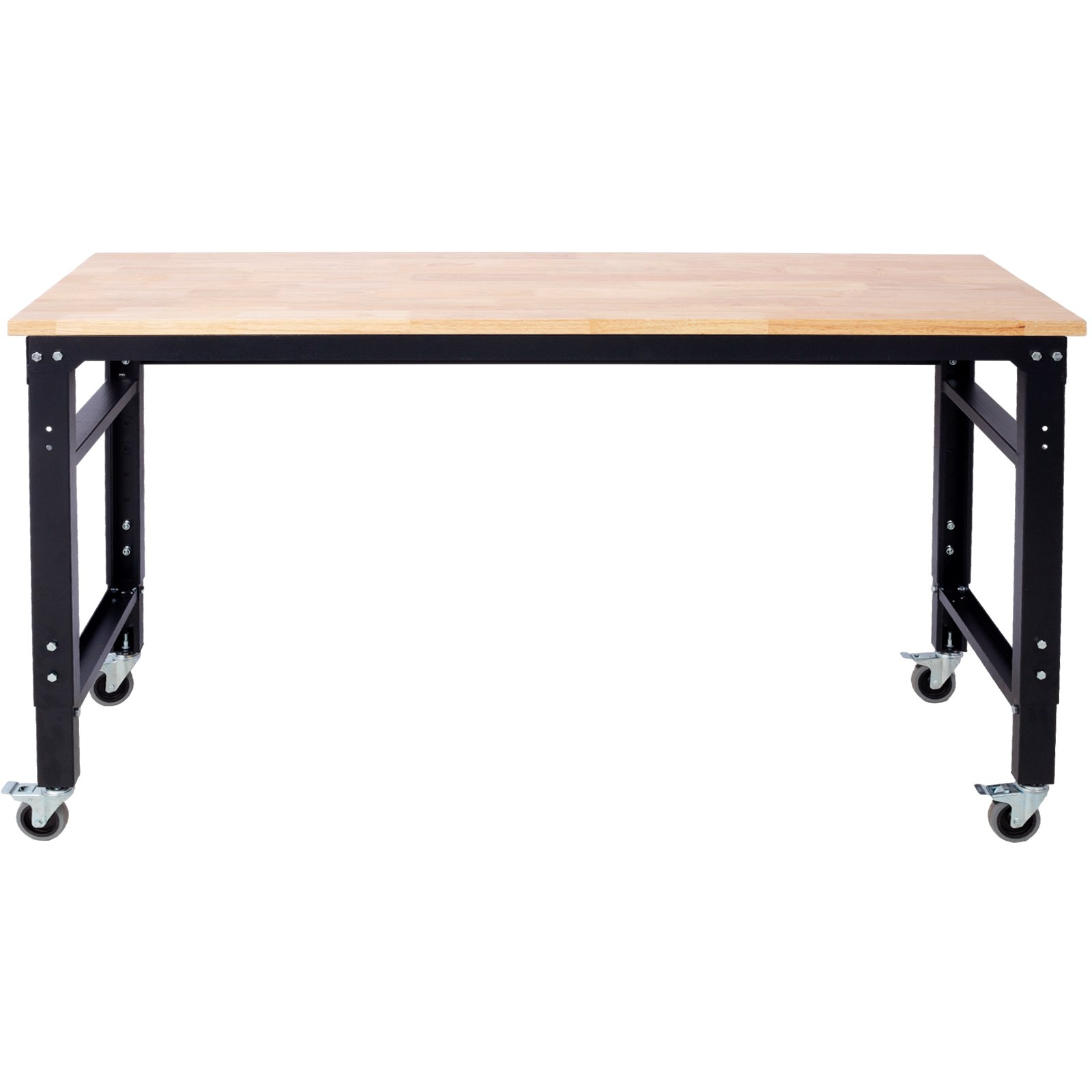 60" Wide Rolling Workbench For Garage, Adjustable Height, Workshop Tool Bench, Metal With Rubber Wood Top - Black / Light Brown - Image 8