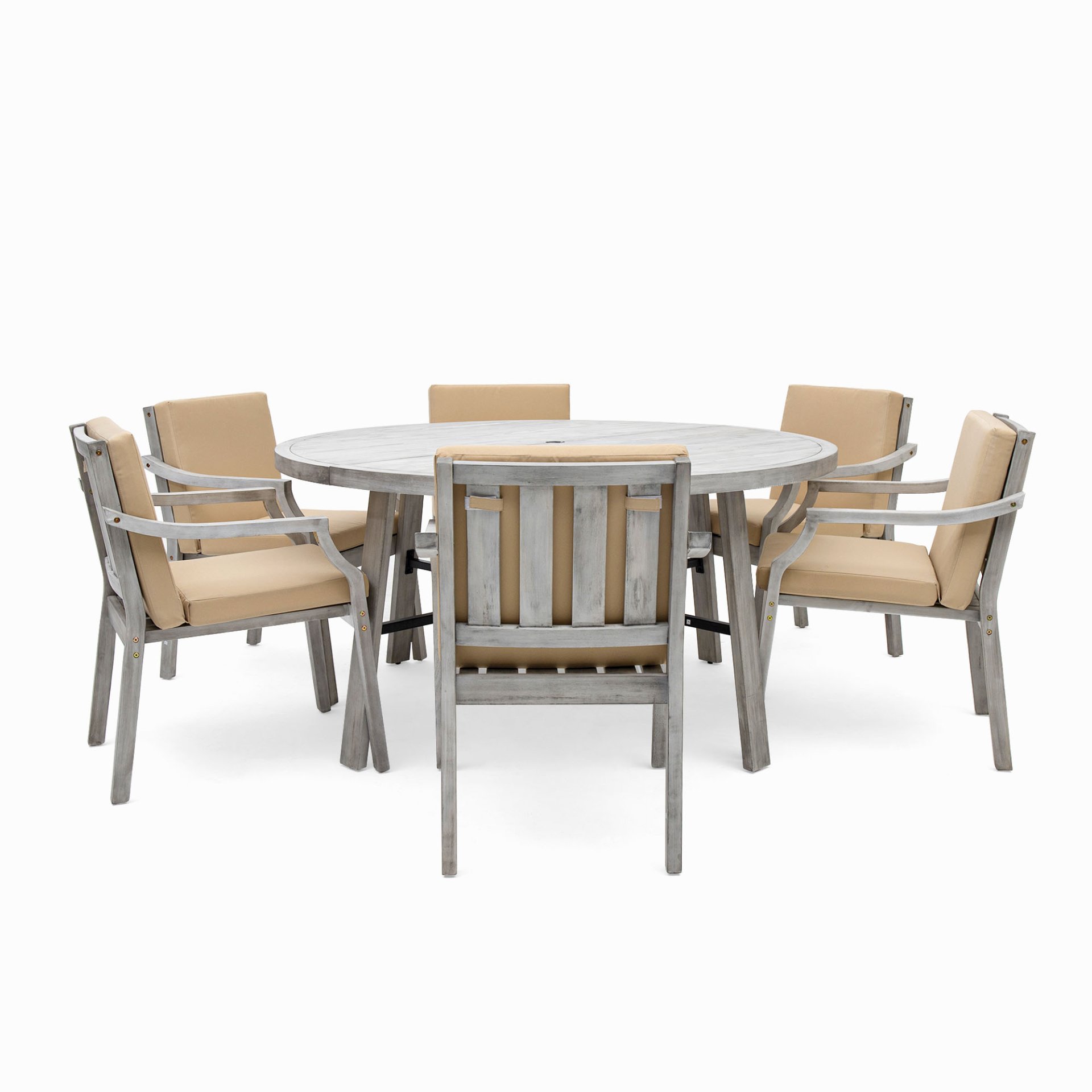 6 Person Outdoor Wooden Dining Set With Umbrella Hole And Removable Cushions For Patio - Gray - Image 14