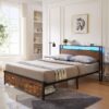 Modern King Size Metal Platform Bed Frame With Wooden Headboard USB Charging LED Lights And Storage - Brown / Black - Image 4