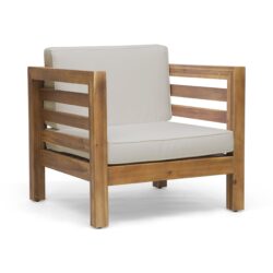 Outdoor Club Chair, Acacia Wood Patio Chair With Fabric Cushion For Backyard, Poolside - Teak / Beige