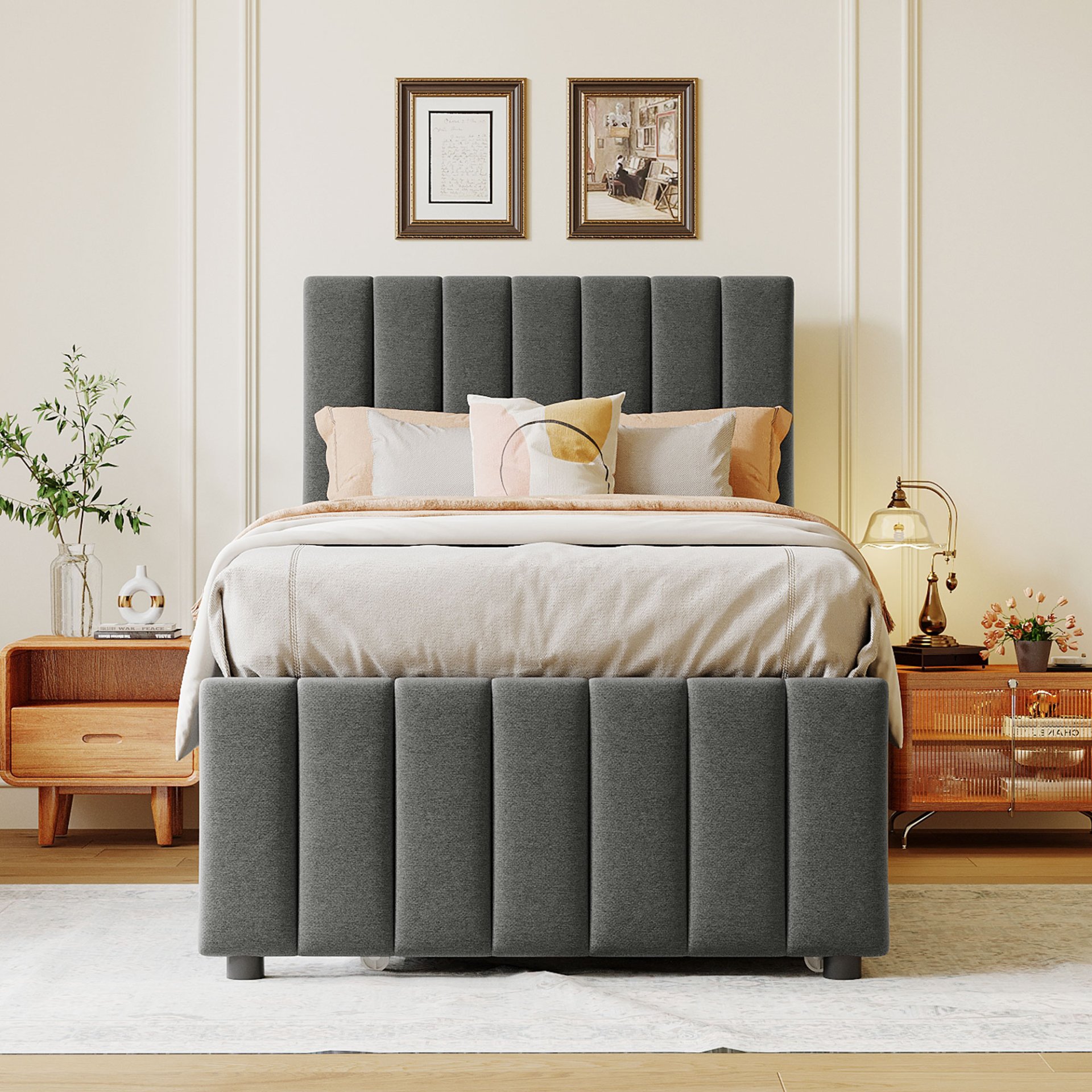 Twin Size Upholstered Platform Bed With Trundle And 3 Drawers - Gray - Image 2