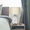 Aurora - Ribbed Lamp Base Clear Table Lamp Large Linen Shade - Beige / Clear / Gold - Image 3