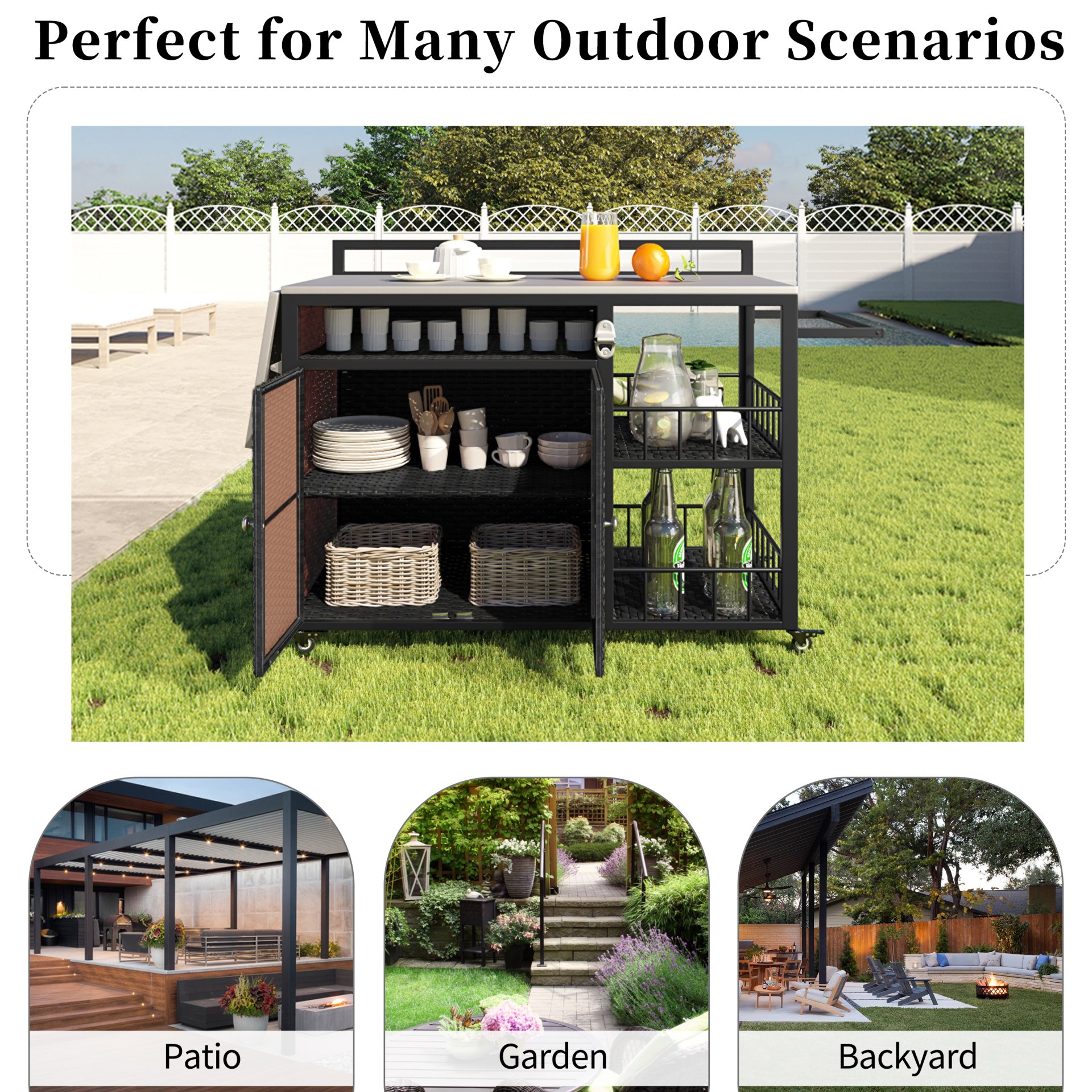 Outdoor Kitchen Island With Storage, Cooking Station, Grill Cart, Foldable Tabletop, And Bottle Opener - Dark Brown - Image 7