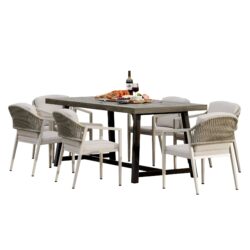 Modern Outdoor Dining Set 7 Pieces With Acacia Wood Table And Iron Chairs - Gray / Black