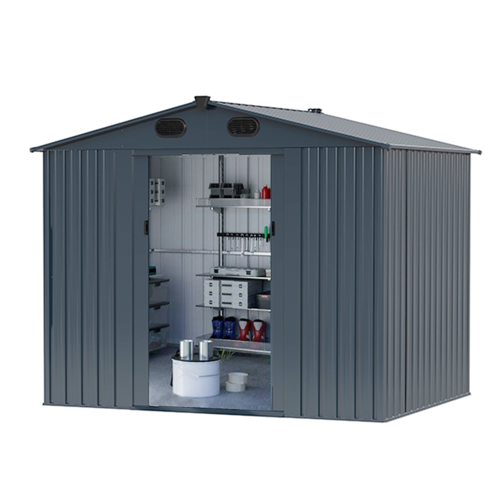 Outdoor Storage Shed, 8' x 6' Galvanized Steel Garden Shed With 4 Vents & Double Sliding Door, Utility Tool Shed Storage House For Backyard, Patio, Lawn - Dark Gray - Image 4