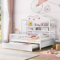 Full Size House Bed With Twin Size Trundle, Kids Bed With Shelf - White