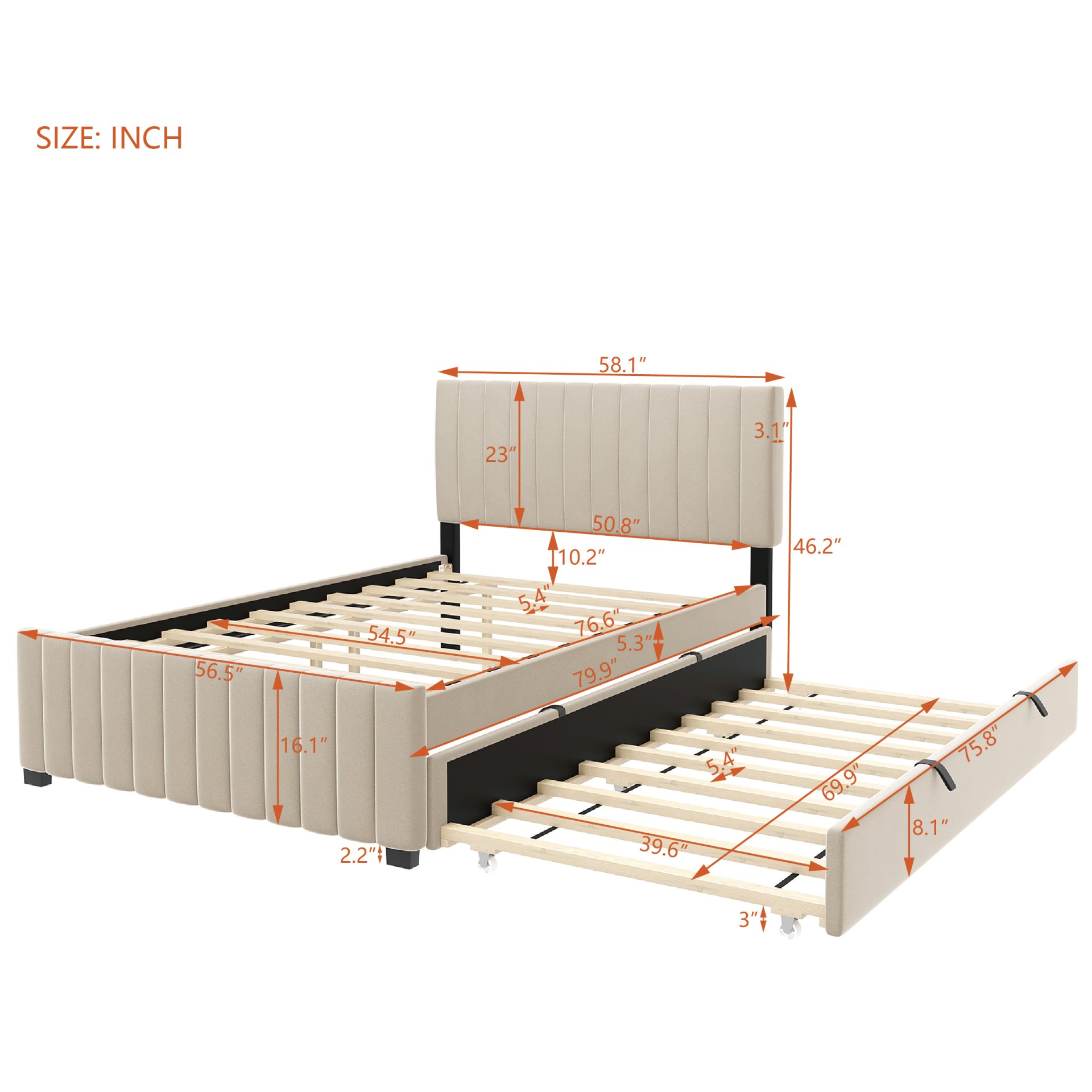 Full Size Elegant Upholstered Platform Bed With Twin Size Trundle - Beige - Image 3