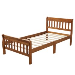 Twin Platform Bed, Mattress Foundation Sleigh Bed With Headboard, Footboard, Slat Support - Oak