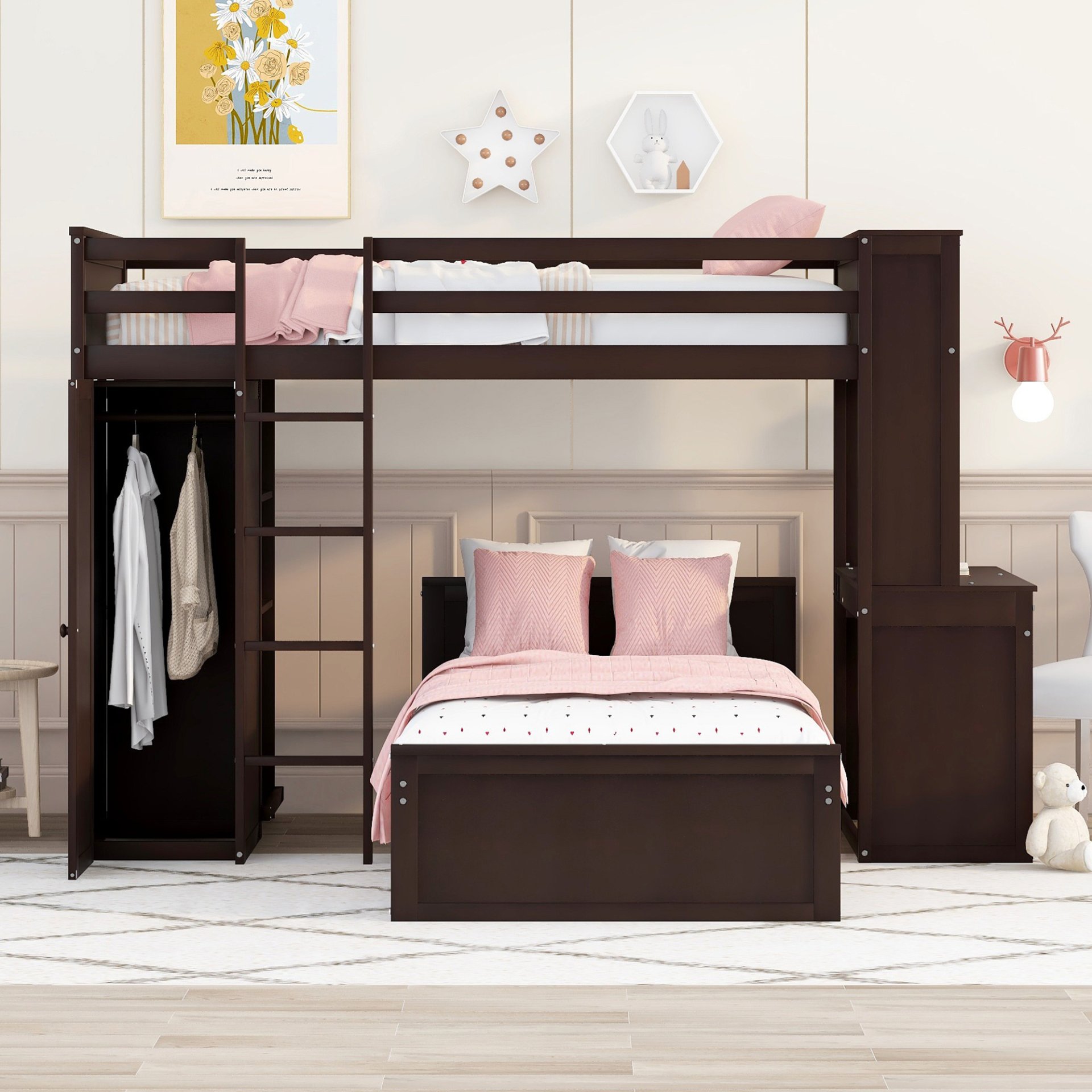 Twin Size Loft Bed With A Stand Alone Bed, Shelves, Desk, And Wardrobe - Espresso - Image 2