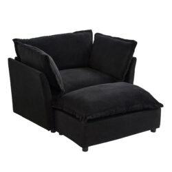 Modern Armchair Sofa Cozy Upholstered Sofa Chair With Movable Ottoman Chenille, Wide Seat & Curved Armrests - Black