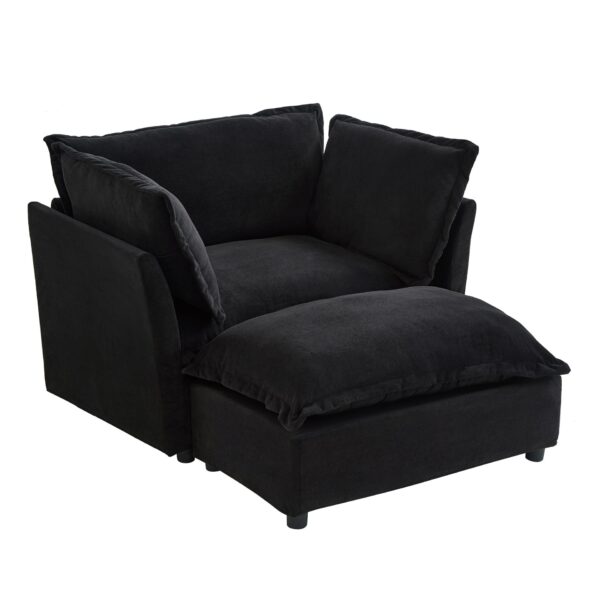 Modern Armchair Sofa Cozy Upholstered Sofa Chair With Movable Ottoman Chenille, Wide Seat & Curved Armrests - Black