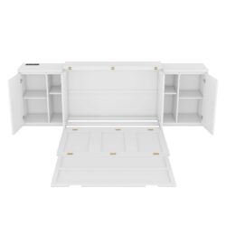 Full Size Murphy Bed With Shelves, Cabinets And USB Ports - White