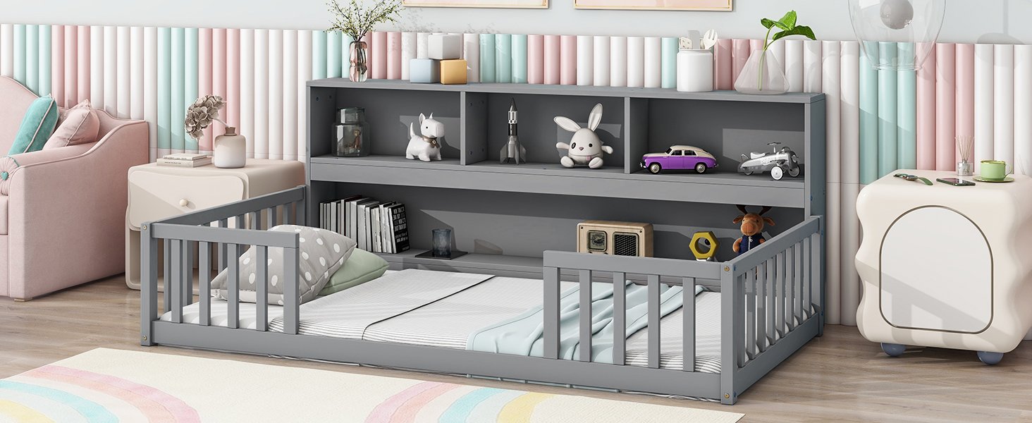 Twin Floor Bed With Bedside Bookcase, Shelves, Guardrails - Gray - Image 8