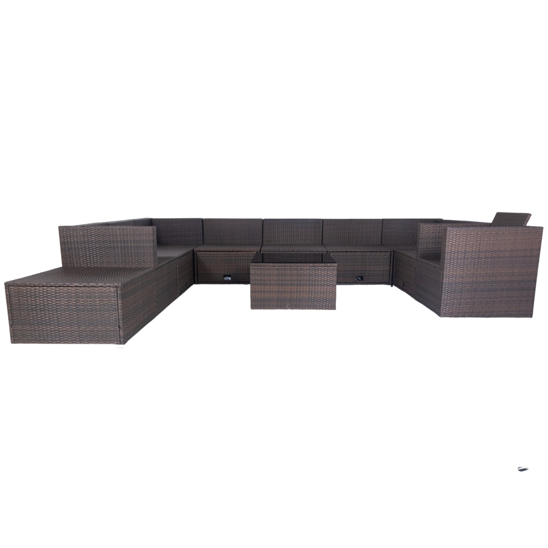 11 Piece Patio Wicker Conversation Set, 10 Seater Patio Sectional Set With 3 Storage Box Under Seat - Brown / White - Image 23