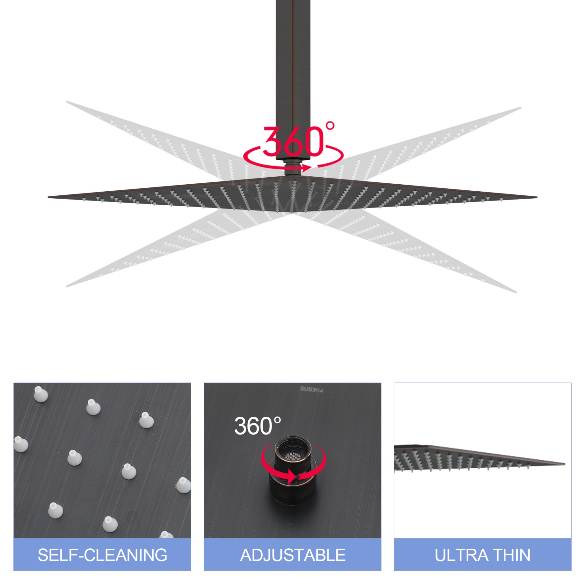 Elegant 16" Square Rainfall Shower Head, Wall / Ceiling Mounted, Oil Rubbed Bronze, Stainless Steel - Oil-Rubbed Bronze - Image 7