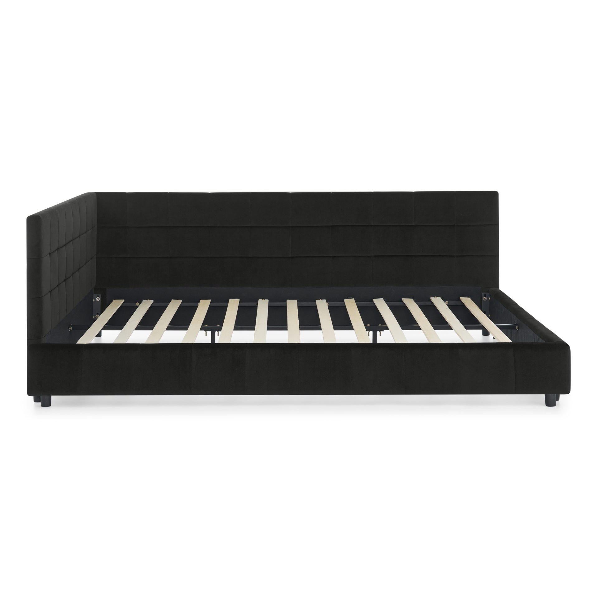 Mid Century Velvet Queen Size Upholstered Tufted Bed Frame With Backrest And Armrests - Black - Image 11