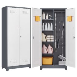 Metal Storage Cabinets, Cleaning Tool Cabinet With Locking Door, Tall Broom Tool Organizer, Large Storage Cabinet For Kitchen - Gray / White
