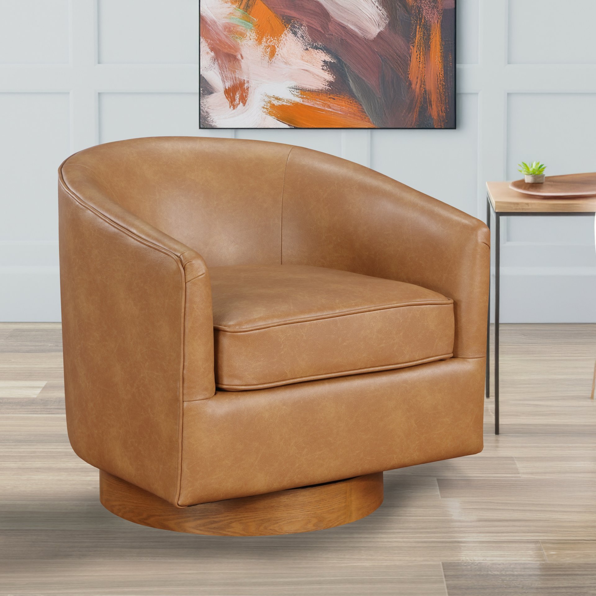 Maisy - Saddle Brown Barrel Swivel Chair With Wood Base - Brown - Image 2