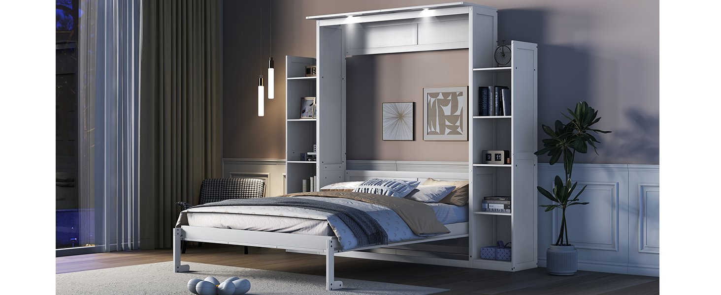 Queen Size Murphy Wall Bed With Shelves And LED Lights - White - Image 24