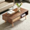 Rattan Coffee Table Sliding Door For Storage Legs Modern Table For Living Room - Walnut - Image 4