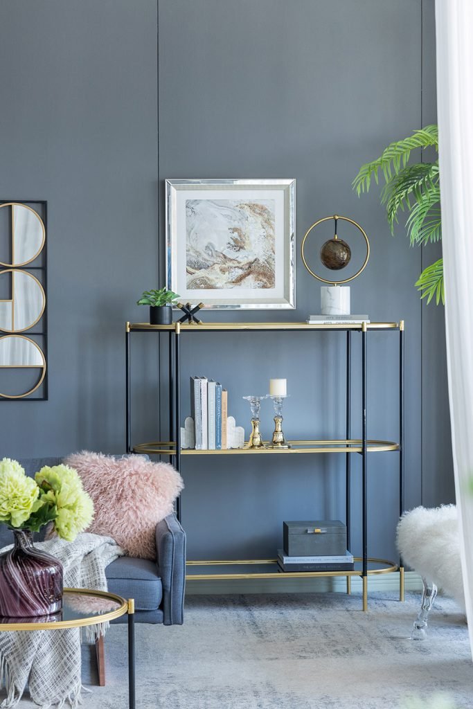 3 Tier Metal Console Table, Mirrored Shelf - Golden Black - Image 7