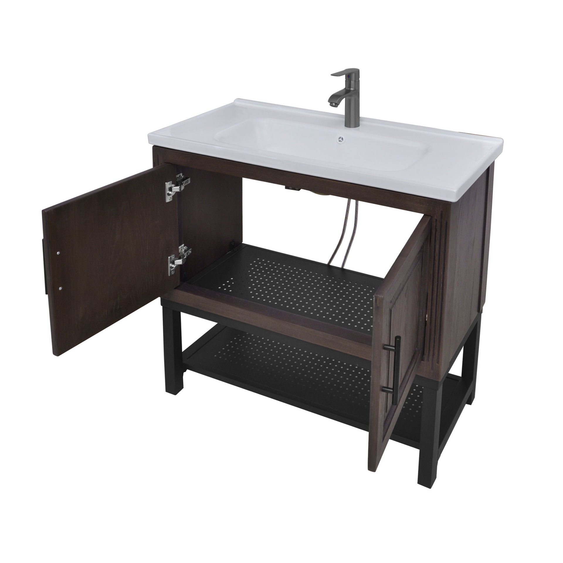 Modern Freestanding 36" Bathroom Vanity With Ceramic Sink, Hot And Cold Faucet, 2 Door Cabinet & Open Iron Shelf - Walnut - Image 14