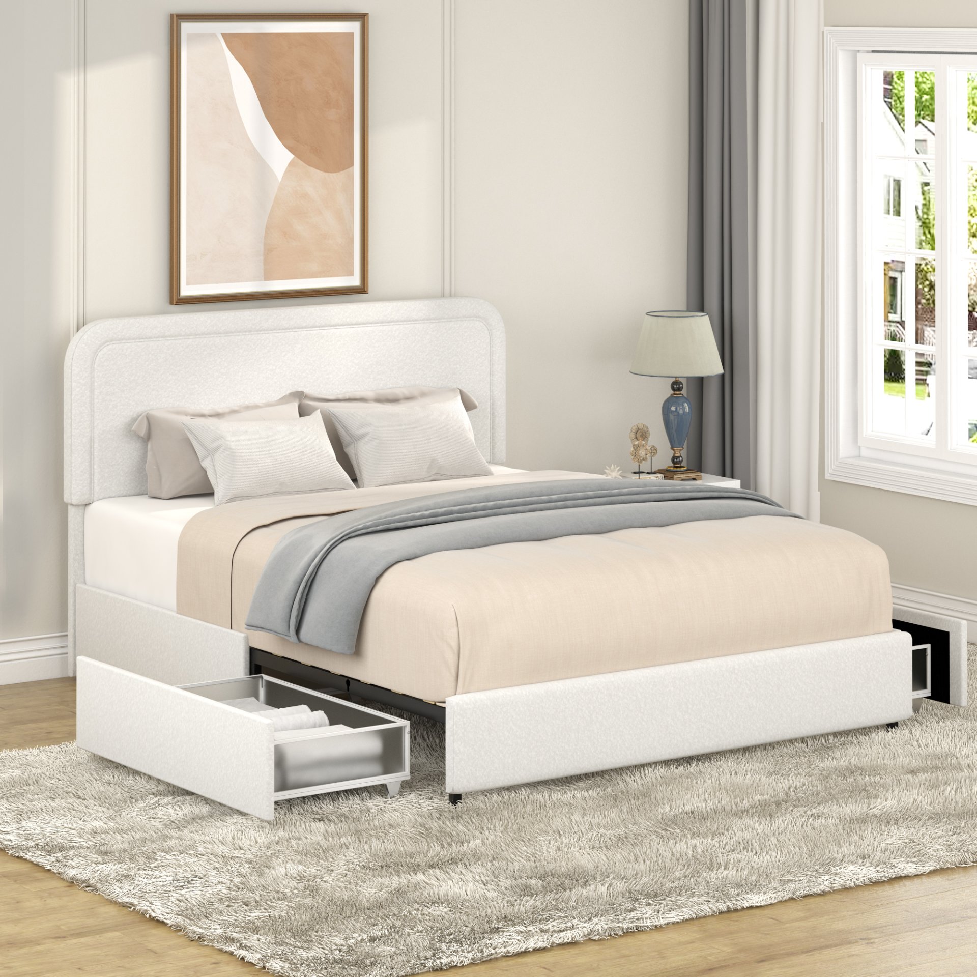 Liv - Patented 2 Drawers Queen Upholstered Storage Platform Bed - Ivory Boucle - Image 9
