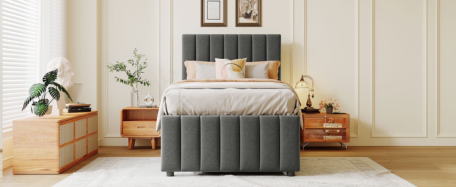Twin Size Upholstered Platform Bed With Trundle And 3 Drawers - Gray - Image 16