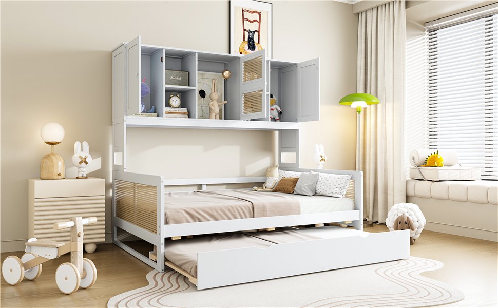 Full Size Wooden Daybed & Twin Size Trundle, And All In One Cabinet And Shelf - White - Image 4