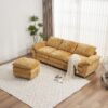 Modern Deep 3 Seat Sofa Couch With Ottoman, Polyester Sofa Sleeper Comfy Upholstered Furniture For Living Room - Yellow - Image 4
