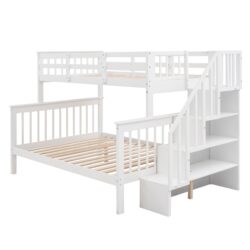 Twin Over Full Bunk Bed Stairway With Storage And Guard Rail For Bedroom - White