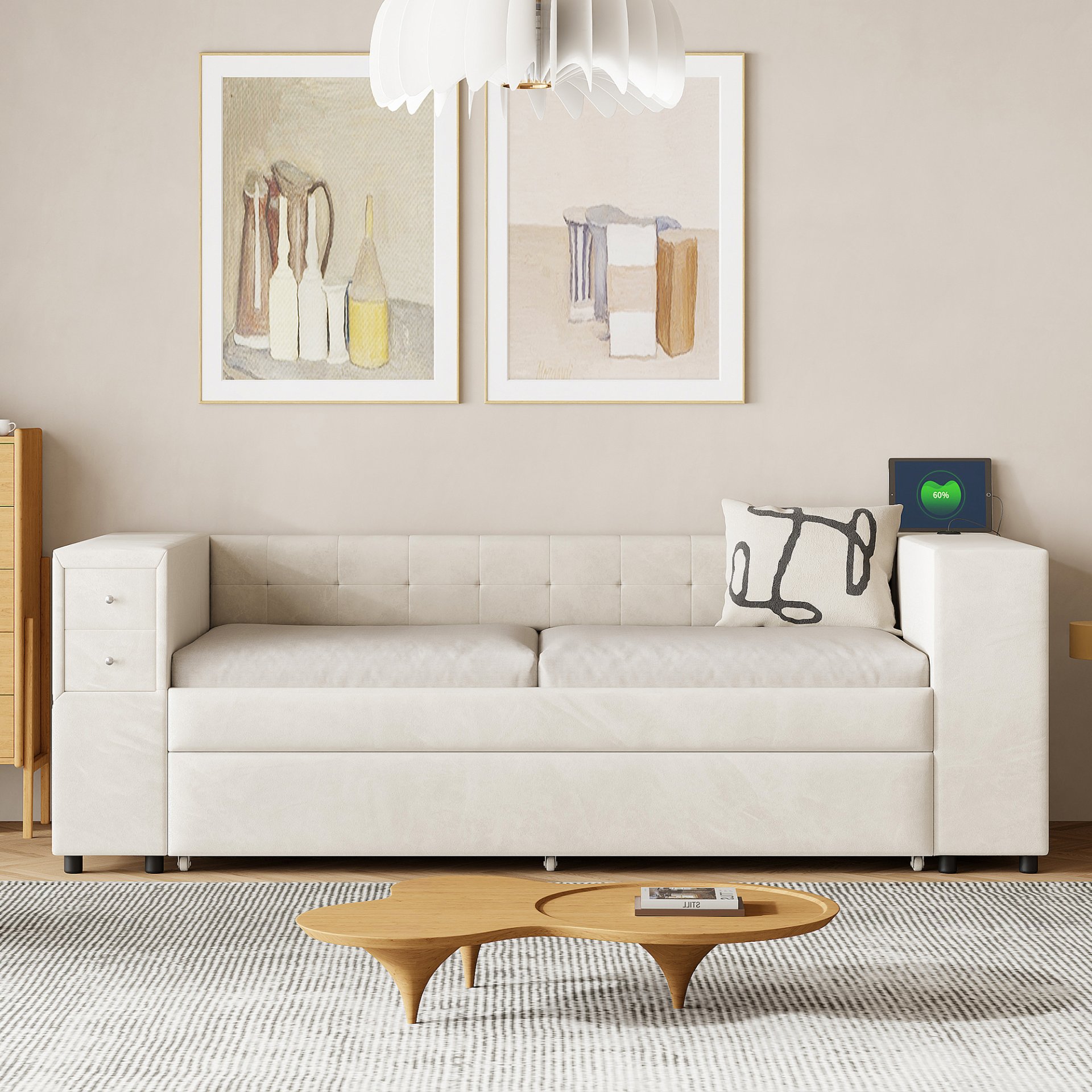 Twin Upholstered Bed With Storage And Twin Trundle, USB Charging Ports - Beige - Image 4