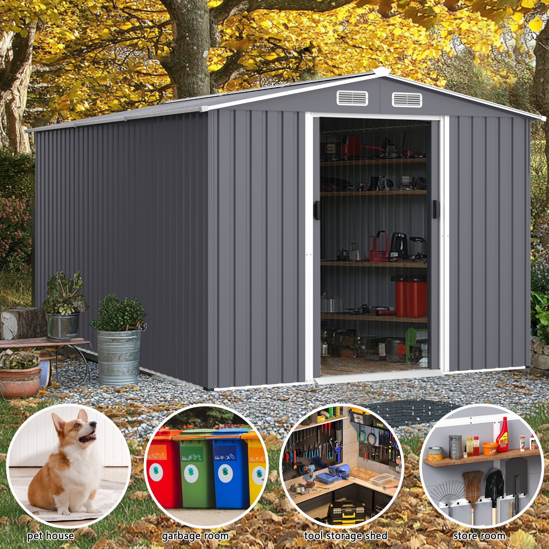 Outdoor Storage Shed 8 2 Ft Large Metal Tool Sheds Heavy Duty Storage House With Sliding Doors And Air Vent For Backyard Patio Lawn To Store Bikes Tools Lawnmowers - Gray - Image 2