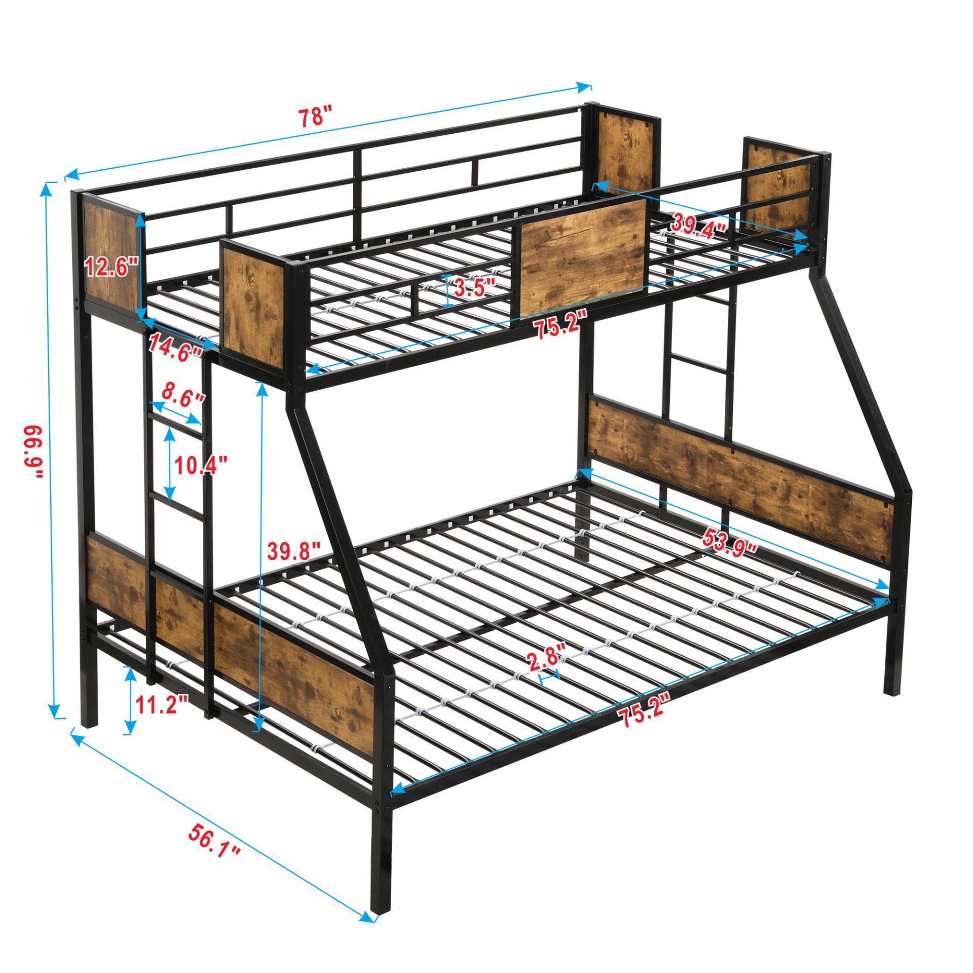 Twin Over Full Metal Bunk Bed With 2 Side Ladder, Full Length Guardrail, No Box Spring Needed - Black / Brown - Image 6