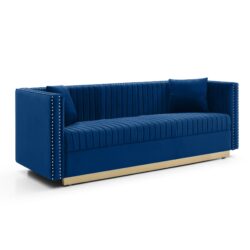 Contemporary Vertical Channel Tufted Sofa Modern Upholstered Couch For Living Room With 2 Pillows - Blue