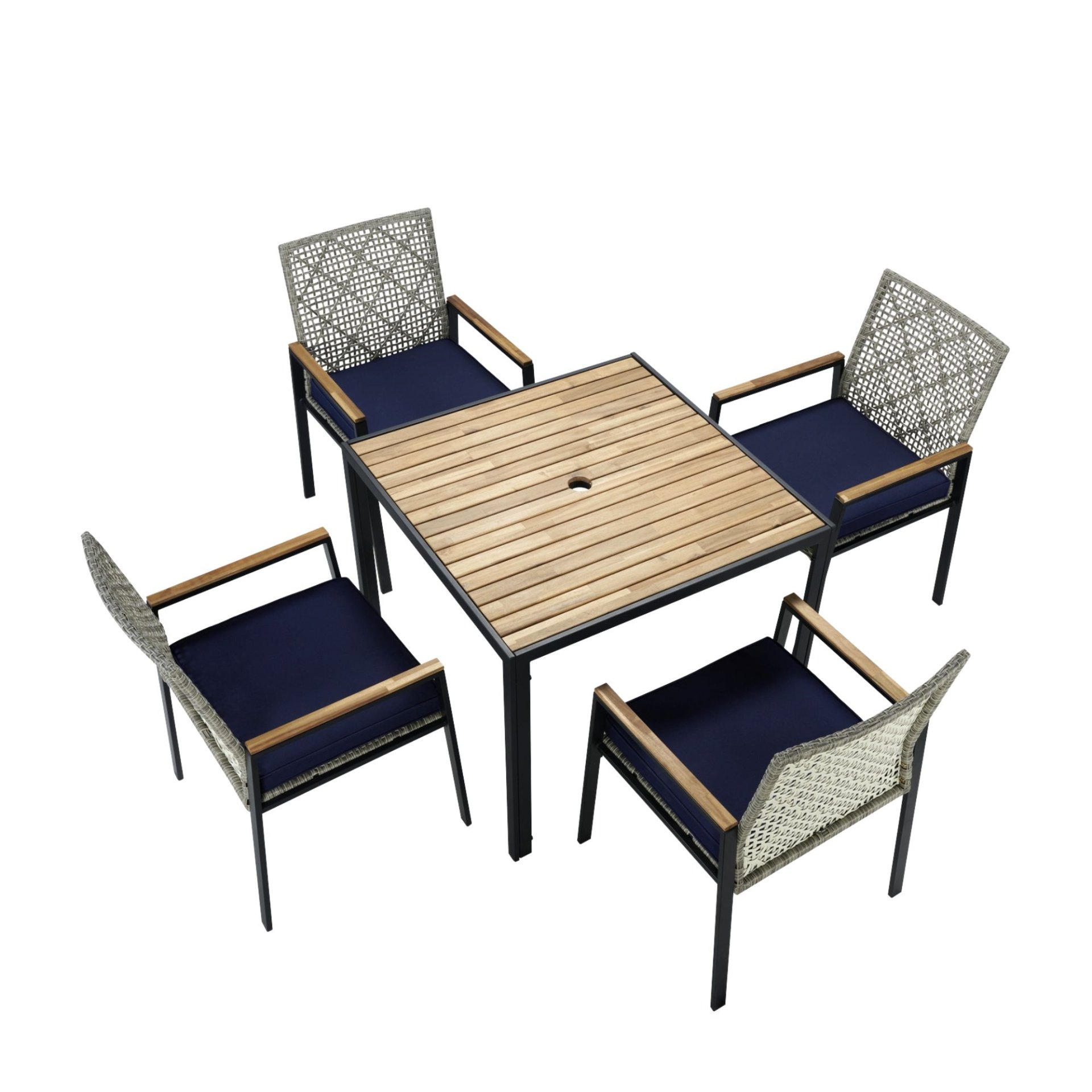 All Weather 5 Piece Patio Dining Table Sets With Acacia Wood Top And Umbrella Hole, Rattan Outdoor - Light Gray - Image 17