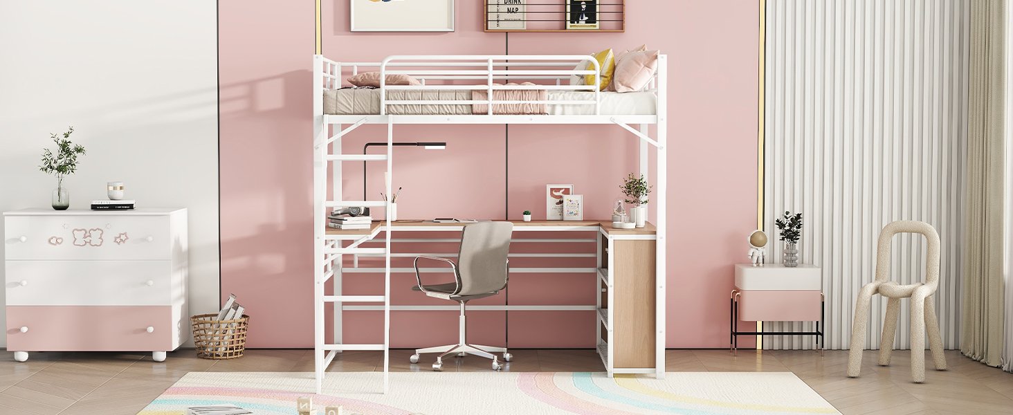 Twin Size Loft Bed With 3 Layers Of Shelves And L-Shaped Desk - White - Image 17