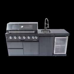 6 Burner 85, 000 Btu Outdoor Kitchen Island Grill With Wine Cooler Refrigerator, Rotisserie Kit, Granite Countertops & Sink - Black