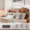 King Size Wood Platform Bed Frame With LED Storage Headboard And USB Ports - Dark Brown - Image 6