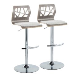 Folia - Contemporary Adjustable Barstool With Swivel With Rounded T Footrest (Set of 2) - Chrome / Light Gray