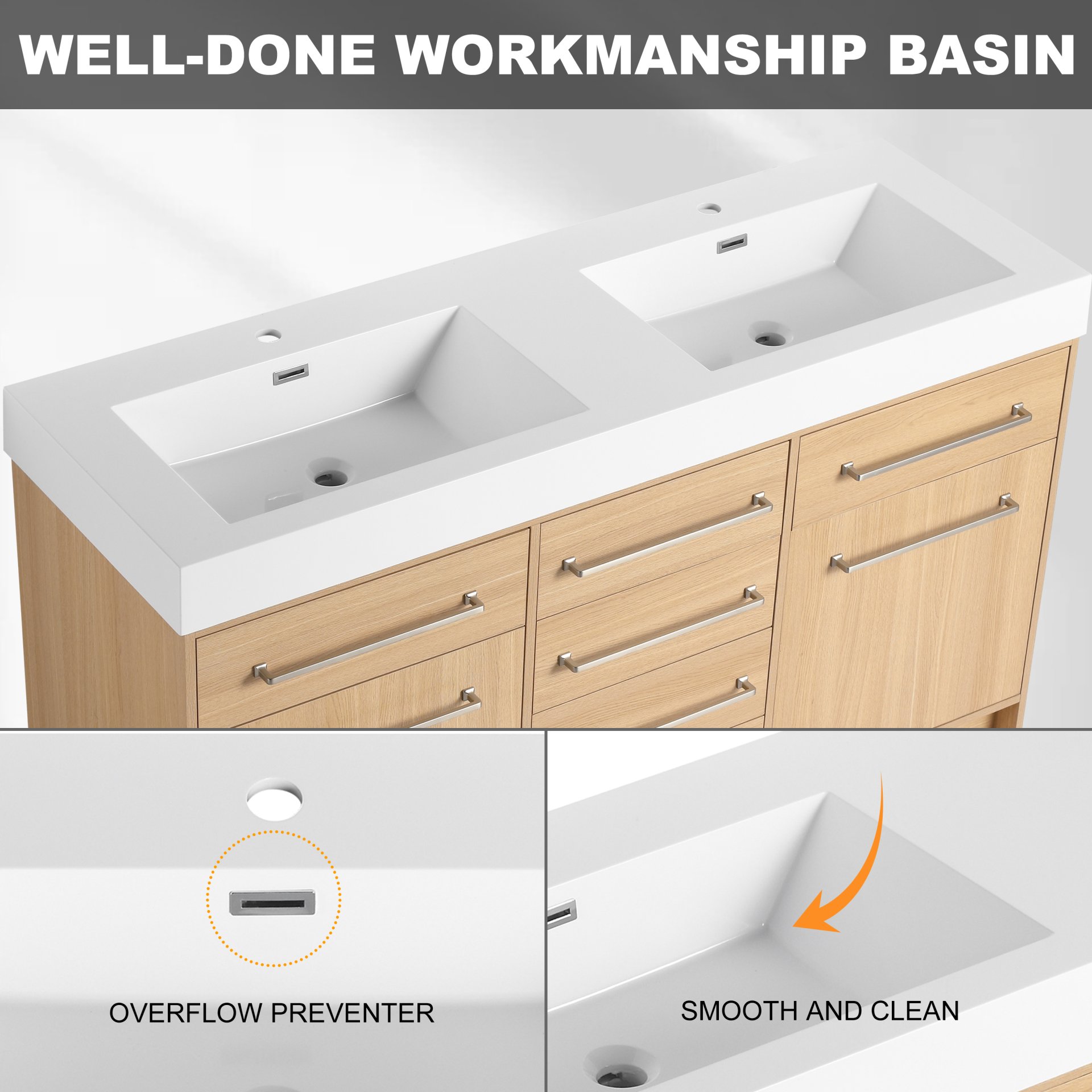 Original 60" Freestanding Bathroom Vanity With Double Resin Sink Soft Closing Doors & Drawers Plywood - Oak - Image 6