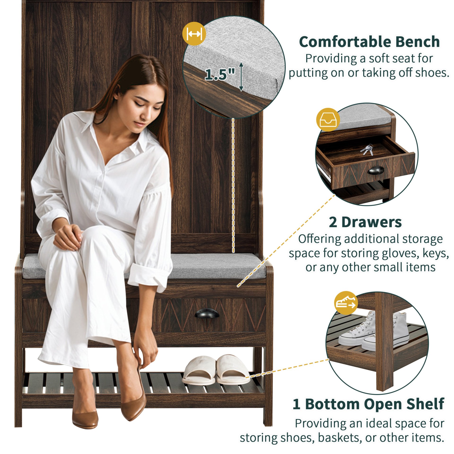 Hall Tree With 6 Hooks And Hinged Lid, Coat Hanger, Entryway Bench, Storage Bench, 3 In 1 Design, For Entrance, Hallway - Brown - Image 8