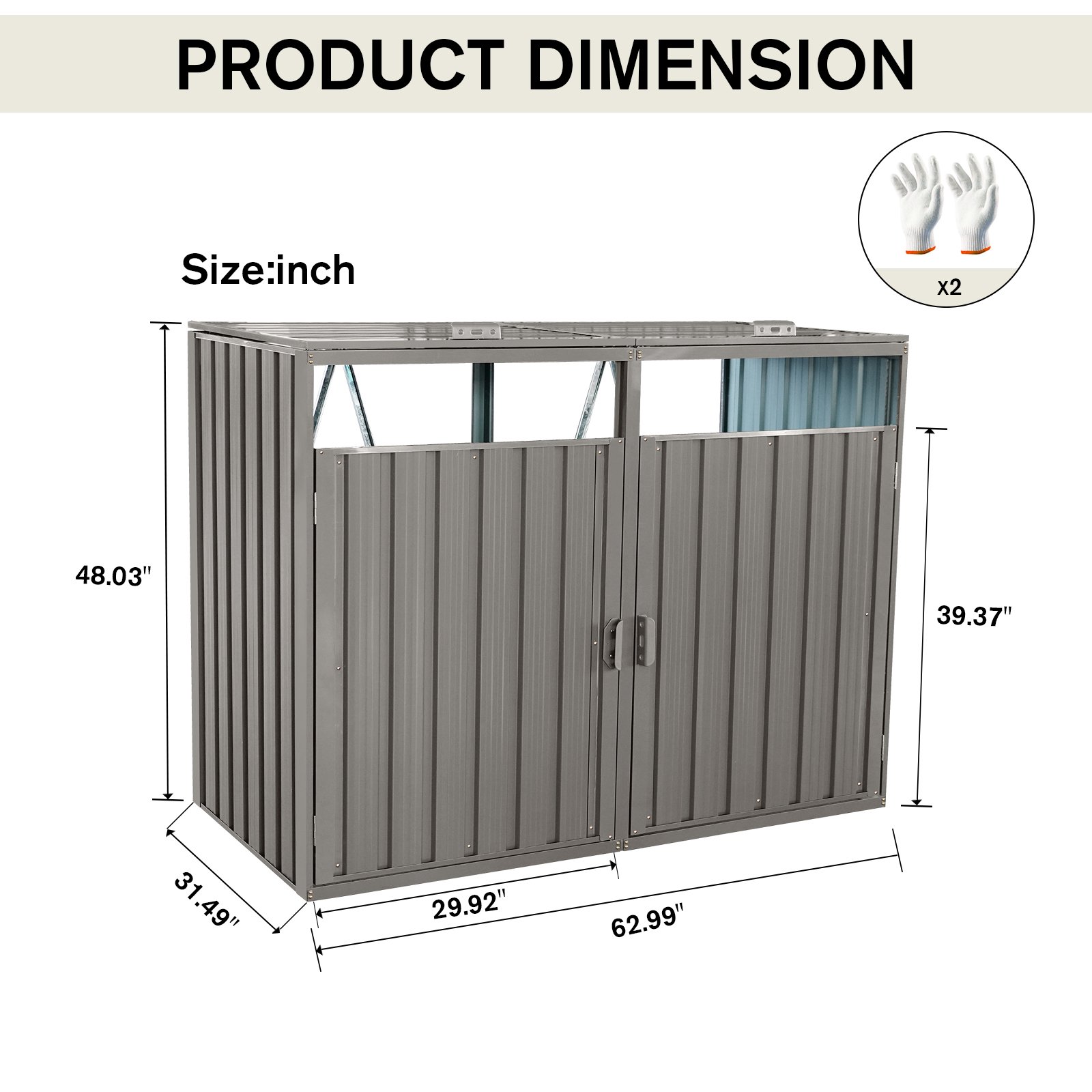 Garbage Bin Shed Stores 2 Trash Cans Metal Outdoor Bin Shed For Garbage Storage, Stainless Galvanized Steel, Bin Shed For Garden Yard Lawn - Gray - Image 3