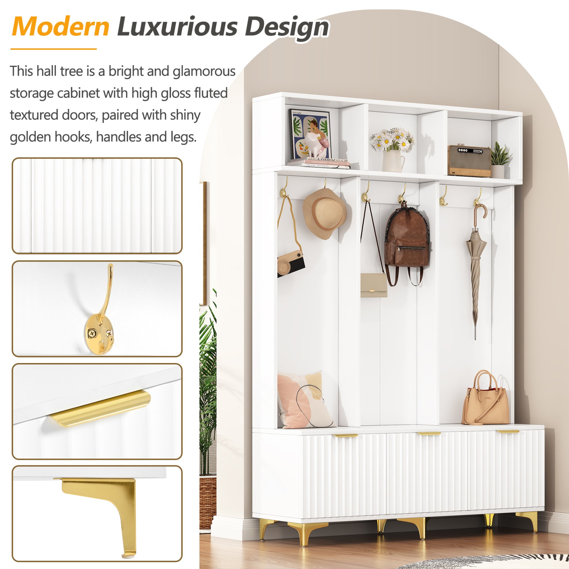 Modern Large Storage Hall Tree With Bench, Luxurious Coat Rack With 6 Hooks And Legs For Entryway, Living Room - White / Gold - Image 7