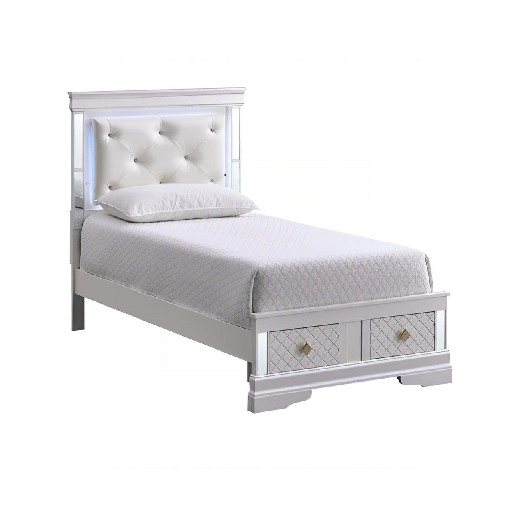 Verona - Twin Bed With Upholstered Headboard, LED Accent Lighting, 2 Drawers, Mattress Not Included - White - Image 4