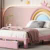 Twin Size Upholstered Rainbow Design Bed, Velvet Princess Platform Bed With Storage Drawer, No Box - Spring Needed - Colorful / Pink - Image 5