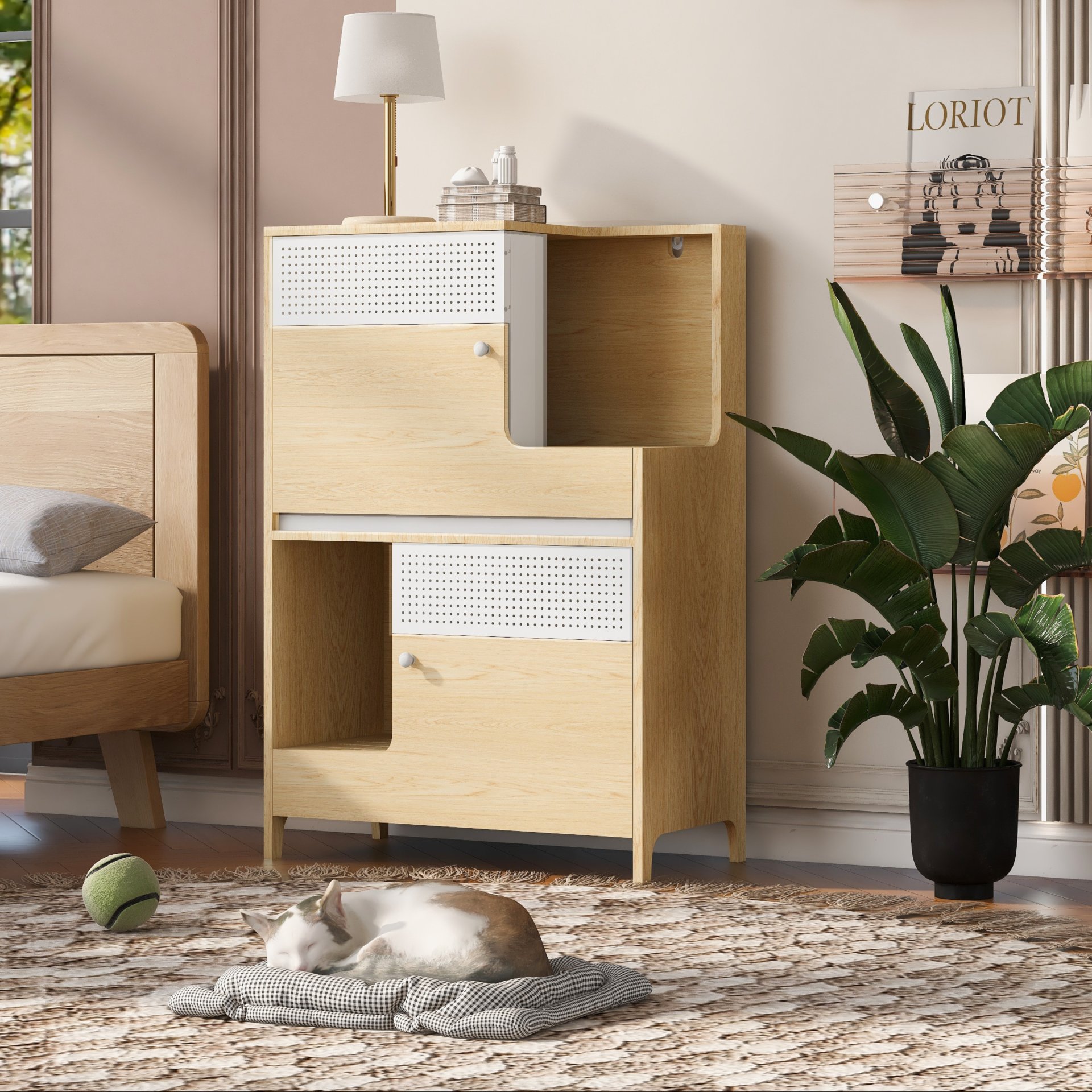 Furniture Style Multi Use Natural Cat Litter Box House With Flip Down Door - Natural - Image 4