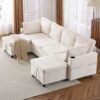 Sectional Sofa Pull Out Sofa Bed Versatile Sofa Sleeper With Large Storage Space, Two USB Ports And Two Cup Holders For Living Room - Beige - Image 15