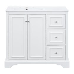 36" Transitional Bathroom Vanity With Sink, Soft Close Doors, Adjustable U Shelf, 3 Drawers - White